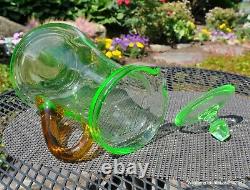 Rare Depression Glass Pitcher And Glass Set, Elegant, Green With Amber Handle