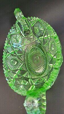 Rare Depression URANIUM GLASS BOWL with Handles CROWN CRYSTAL IMPERIAL NUCUT