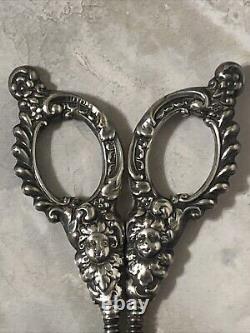 Rare Victorian ANGEL Floral CHERUB Sterling Silver Embroidery Scissors Ornate