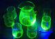 Ribbed Uranium Glass Jug With Handle And Five Matching Glasses Cocktail Set