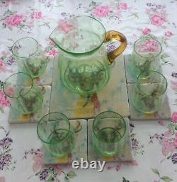 Ribbed Uranium Glass Jug With Handle And Five Matching Glasses Cocktail Set