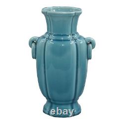Rookwood 1929 Vintage Art Deco Pottery Turquoise Blue Ring Handled Vase 6015