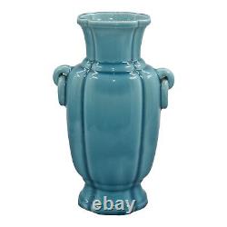 Rookwood 1929 Vintage Art Deco Pottery Turquoise Blue Ring Handled Vase 6015