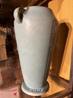 Roseville Art Deco Vase 1936 Vintage Blue Dbl Handle 797-8 Modern Floral Pottery