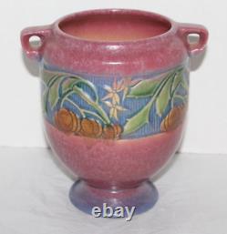 Roseville Pottery Baneda Vase Pink 7 1930s Art Deco Arts Crafts Handled Pumpkin