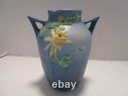 Roseville Pottery Columbine 14-6 Double-Handled Blue Vase 6.5 H 1940s Art Deco