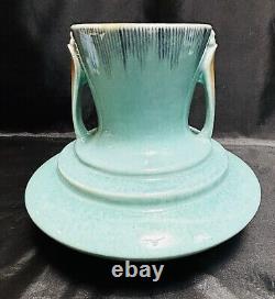 Roseville Pottery Two Tone Turquoise Orian Handled Vase 737, Art Deco 1930's