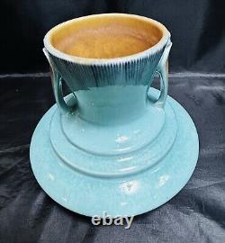 Roseville Pottery Two Tone Turquoise Orian Handled Vase 737, Art Deco 1930's