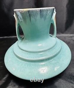 Roseville Pottery Two Tone Turquoise Orian Handled Vase 737, Art Deco 1930's