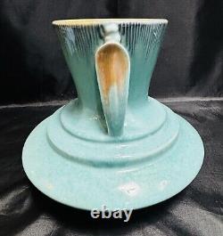 Roseville Pottery Two Tone Turquoise Orian Handled Vase 737, Art Deco 1930's