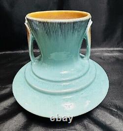 Roseville Pottery Two Tone Turquoise Orian Handled Vase 737, Art Deco 1930's