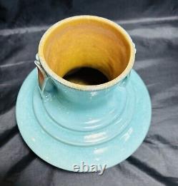 Roseville Pottery Two Tone Turquoise Orian Handled Vase 737, Art Deco 1930's