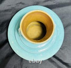 Roseville Pottery Two Tone Turquoise Orian Handled Vase 737, Art Deco 1930's