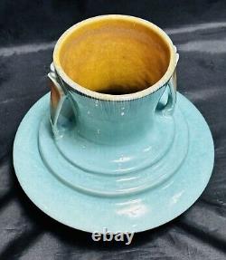 Roseville Pottery Two Tone Turquoise Orian Handled Vase 737, Art Deco 1930's