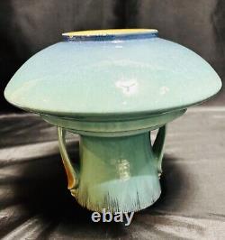 Roseville Pottery Two Tone Turquoise Orian Handled Vase 737, Art Deco 1930's