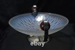 Sabino Opalescent Glass Art Deco Bowl Centerpiece Wood Handles