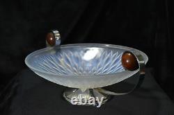Sabino Opalescent Glass Art Deco Bowl Centerpiece Wood Handles