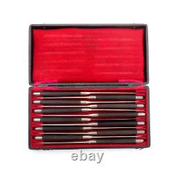 Set of 12 Vintage Cased ART DECO French Knives Solid Silver Blades Ebony Handles