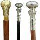 Set Of 3 Antique Walking Cane Wooden Stick Vintage Brass Handle Knob Solid Gift