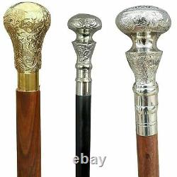 Set of 3 Antique Walking Cane Wooden Stick Vintage Brass Handle Knob Solid Gift