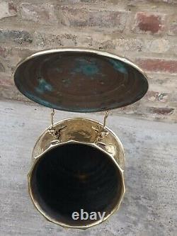 Stunning Antique Brass Art Deco Coal Bucket With Lift Up Cover And Handle
