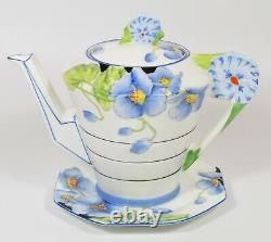 Stunning & Rare Art Deco Royal Paragon Blue Poppy Flower Handle Teapot & Stand