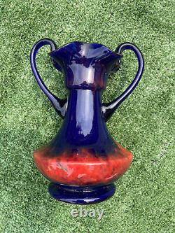 Stunning Rare Czech Tango Art Glass Art Deco Red Blue Vaseline Vase Dbl Handle
