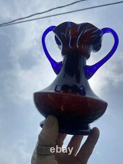 Stunning Rare Czech Tango Art Glass Art Deco Red Blue Vaseline Vase Dbl Handle
