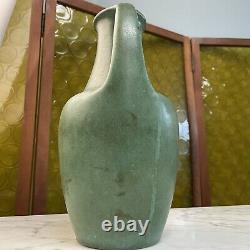 TECO POTTERY Green two-handled vase stamped/carved 2x