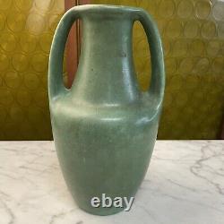 TECO POTTERY Green two-handled vase stamped/carved 2x
