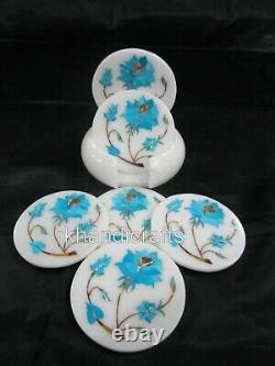 Turquoise Stone Inlay Work Table Master Piece White Marble Tea Coaster 4.5 Inch