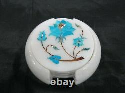 Turquoise Stone Inlay Work Table Master Piece White Marble Tea Coaster 4.5 Inch