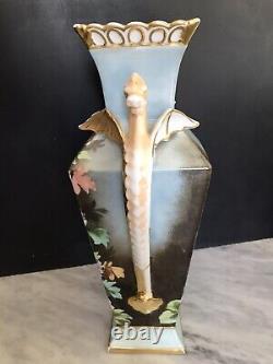 Unique Antique painted Vase roses bird Dragon handles gold Art Nouveau Art Deco