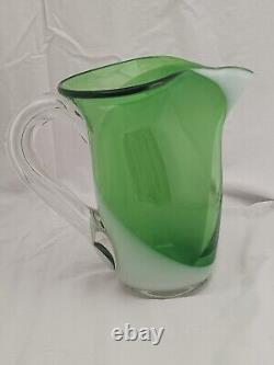 Unique Art Deco W. V. BLENDO Emerald Green & White Swirl Pitcher & 13 Glasses