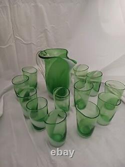 Unique Art Deco W. V. BLENDO Emerald Green & White Swirl Pitcher & 13 Glasses