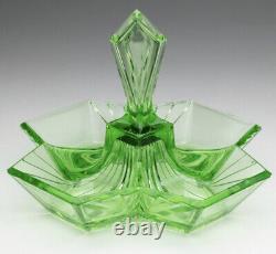 VINTAGE ART DECO Vaseline Glass Green 4-DIVIDED RELISH/CONDIMENT DISH with HANDLE