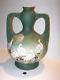 Vintage Asian Green Gold Ceramic Pottery Double Handle Vase Urn Art Deco 13