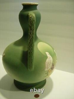 VINTAGE ASIAN GREEN GOLD CERAMIC Pottery Double Handle Vase URN ART DECO 13