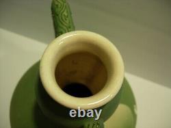 VINTAGE ASIAN GREEN GOLD CERAMIC Pottery Double Handle Vase URN ART DECO 13
