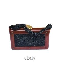 VTG 40s Brown BAKELITE Box Handbag Black Glass Beads Braided Handle Art Deco