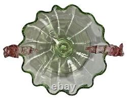 VTG Open Salt Dish Art Glass Applied Dolphin Handles Green Pink