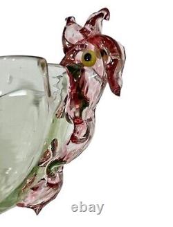 VTG Open Salt Dish Art Glass Applied Dolphin Handles Green Pink