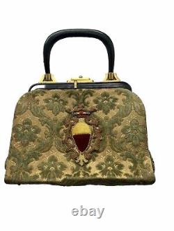 VTG Tapestry Handbag Velvet Crest Art Deco Hardware Suede Lining Leather Handle