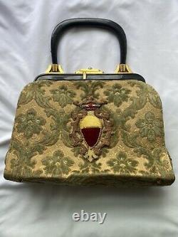 VTG Tapestry Handbag Velvet Crest Art Deco Hardware Suede Lining Leather Handle