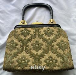 VTG Tapestry Handbag Velvet Crest Art Deco Hardware Suede Lining Leather Handle