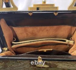 VTG Tapestry Handbag Velvet Crest Art Deco Hardware Suede Lining Leather Handle