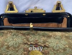 VTG Tapestry Handbag Velvet Crest Art Deco Hardware Suede Lining Leather Handle