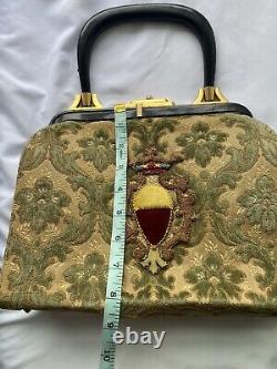 VTG Tapestry Handbag Velvet Crest Art Deco Hardware Suede Lining Leather Handle