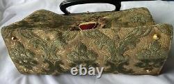 VTG Tapestry Handbag Velvet Crest Art Deco Hardware Suede Lining Leather Handle