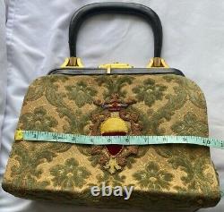 VTG Tapestry Handbag Velvet Crest Art Deco Hardware Suede Lining Leather Handle